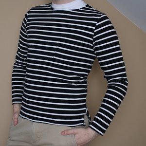 Black and White Striped Long Sleeve Cotton Shirt